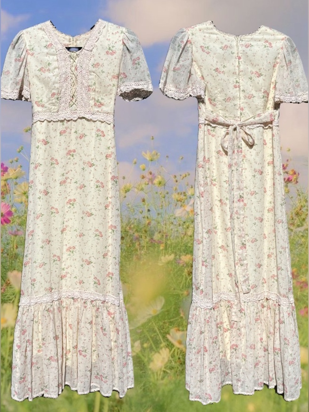 Vintage Floral Maxi Dress in Cream and Pink